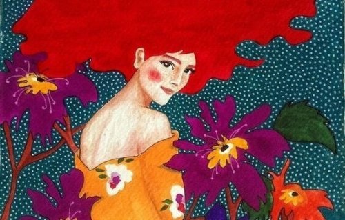 Mädchen mit roten Haaren zwischen Blumen