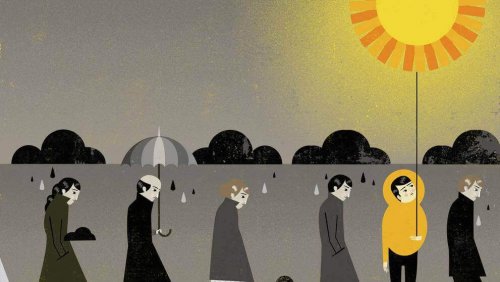 Mann mit Sonne umgeben von grauen Menschen unter Regenwolken