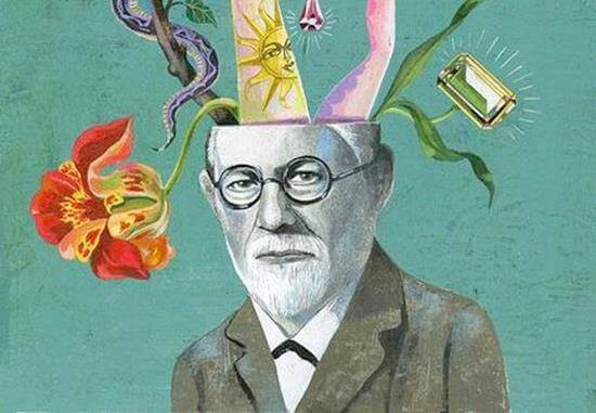 Zeichnung von Freud, in dessen Kopf unterschiedlichste Objekte liegen