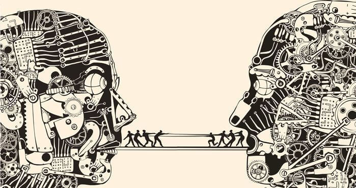 Zwei stilisierte Köpfe, die Kommunikation symbolisieren