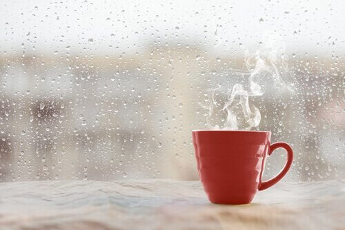 Eine Tasse Kaffe steht auf dem Fenstersims. Das Wetter ist regnerisch. 