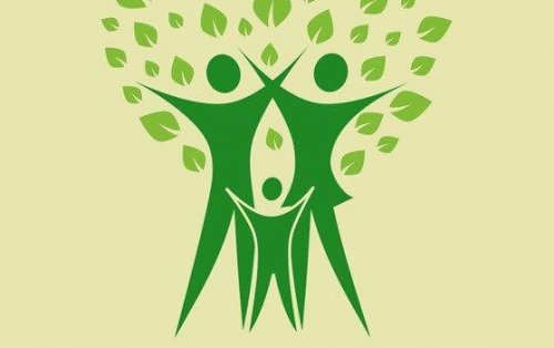 Zeichnung dreier grüner Figuren, wobei zwei Erwachsene und ein Kind dargstellt werden