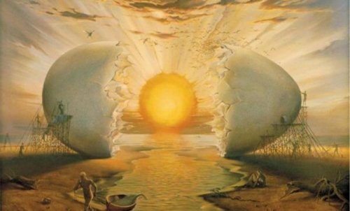 Ein surreales Bild, dass einen Sonnenaufgang zeigt, der durch ein aufgeschlagenes Ei dargestellt ist. 