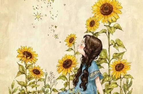 Ein Mädchen genießt den Duft von Sonnenblumen