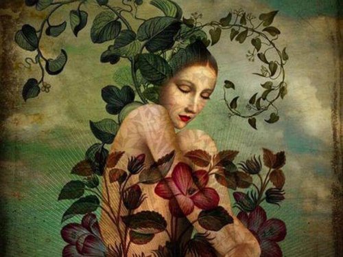 Zeichnung einer traurigen Frau, die von Blumen und Pflanzen überwuchert wird und versucht, sich vom Schmerz zu lösen.