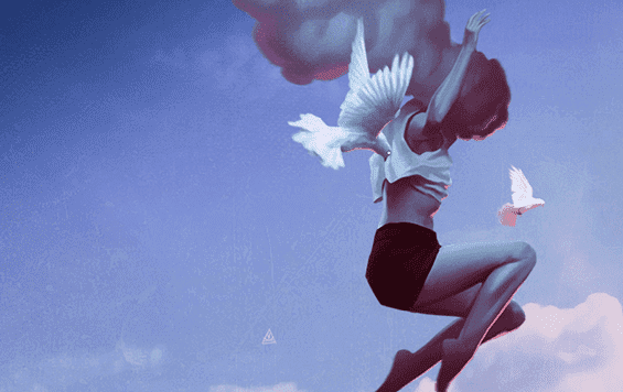 Fliegende Frau mit weißen Tauben