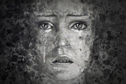 Zeichnung vom Gesicht einer Frau ohne Schutzpanzer, der Tränen über die Wangen rinnen