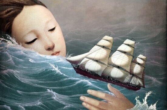 Ein Frauenkopf ragt aus dem stürmischen Ozean heraus und ein Schiff fährt auf den Wellen.