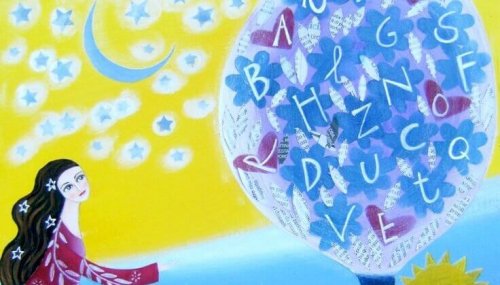 Eine Zeichnung einer Frau, die vor einem Baum voller Buchstaben sitzt