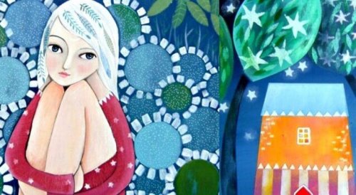 Eine Zeichnung einer Frau, die vor einem Haus sitzt