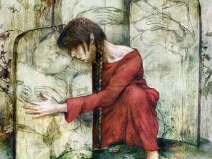 Eine Zeichnung einer Frau, die den Grabstein eines Kindes umarmt