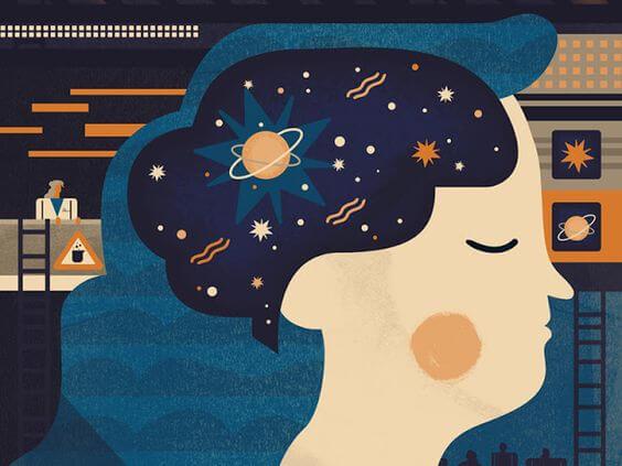 Frau im Profil mit einem gezeichneten Universum im Kopf