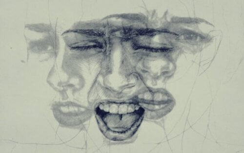 Zeichnung eines Gesichts, das unterschiedliche Emotionen zeigt. 