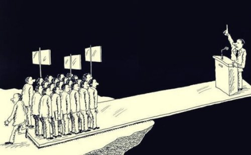 Gruppe von Demonstranten auf einer Planke am Abgrund