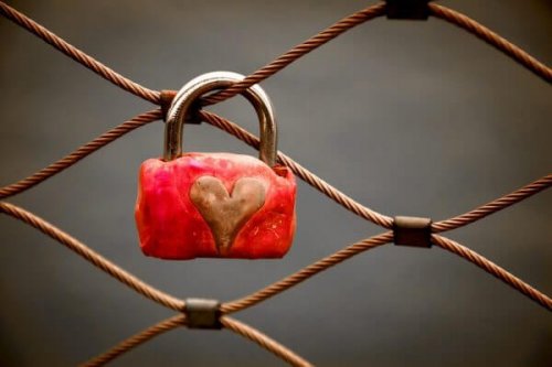 Herzschloss hängt an Zaun.