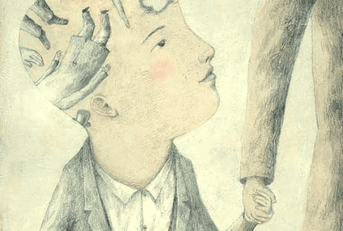 Eine Zeichnung eines Jungens, auf dessen Kopfhaut weitere Zeichnungen zu sehen sind.