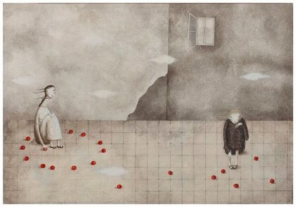 Ein Kind sitzt allein und vom Erwachsenen isoliert auf dem Boden.