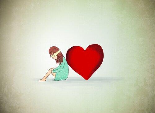 Die Zeichnung zeigt ein Mädchen, das mit verbundenen Augen an ein Herz gelehnt sitzt.