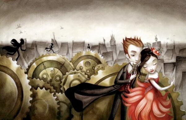 Ein Paar tanzt vor Zahnrädern und einer grauen Stadt.