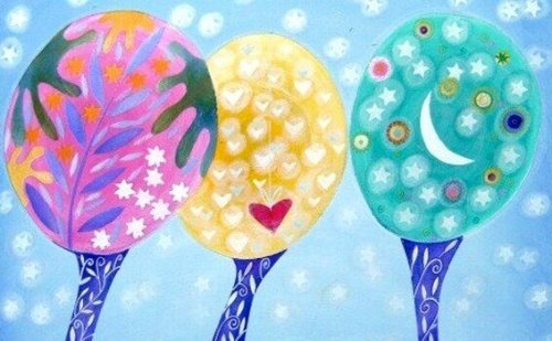 Zeichnung von mehreren bunten Bäumen