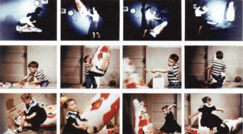 Zwölf kleine Fotos, die das Experiment zeigen: wie Kinder mit der Bobo Puppe umgehen, sie schlagen usw.