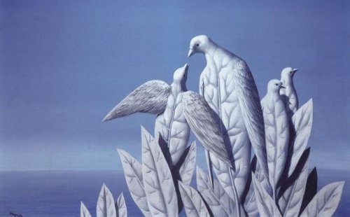 Bild, das Vögel zeigt, die aus Blättern gemacht zu sein scheinen.