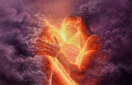 Zeichnung zweier Menschen aus Lava und Rauch, die sich in einem feurigen Kuss begegnen.