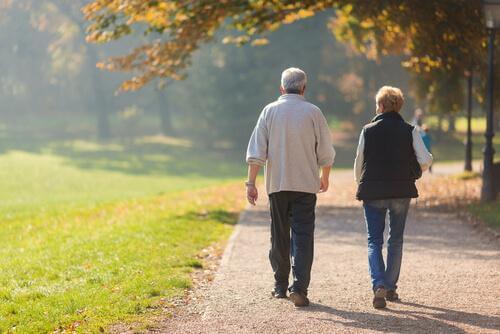 Älteres Ehepaar geht spazieren.