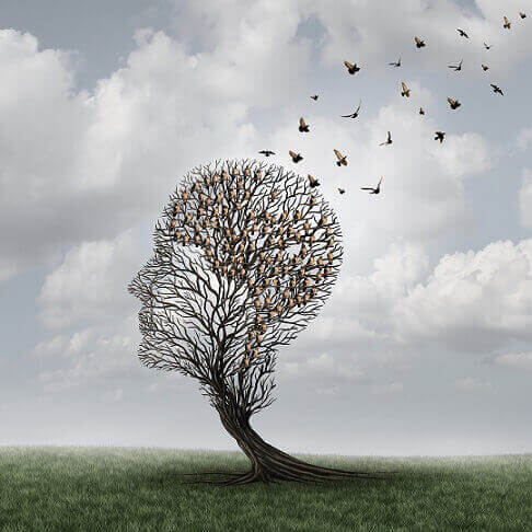 Vögel, die auf einem Baum sitzen, der die Form eines Kopfes hat.