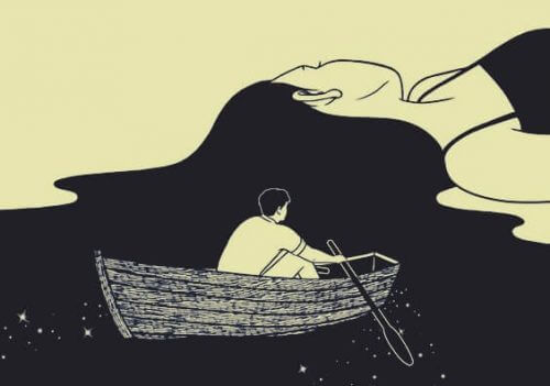 Zeichnung eines Mannes, der in einem Ruderboot auf den Haaren einer Frau fährt