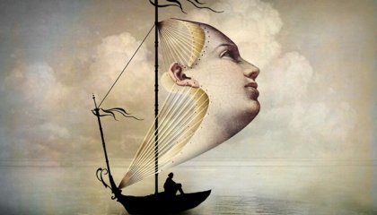 Zeichnung eines Bootes, dessen Segel aus einem Gesicht zu bestehen scheint