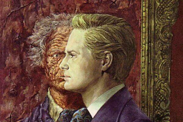 Dorian Gray betrachtet sein Bildnis und sieht sein gealtertes Selbst. 