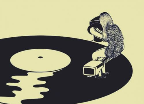 Zeichnung einer Frau, die auf einem Schallplattenspieler sitzt