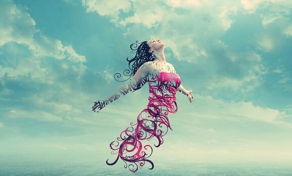 Frau mit pinkem Kleid fliegt in den Himmel