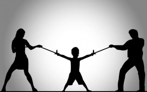Das elterliche Entfremdungssyndrom symbolisch dargestellt, als Kind an Seilen zwischen zwei Erwachsenen