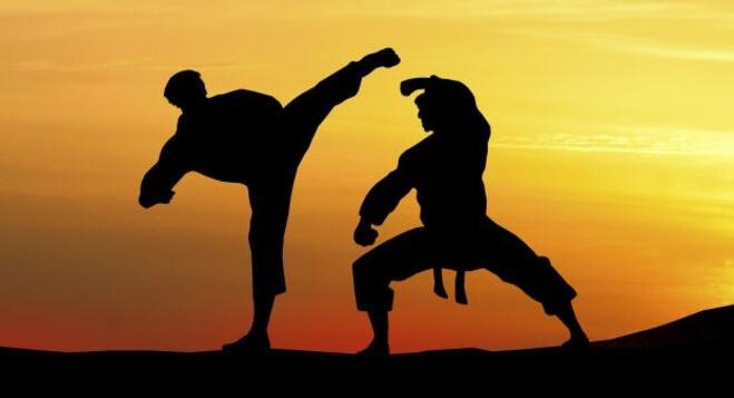 Zwei Silhouetten betreiben Kampfsport im Sonnenuntergang