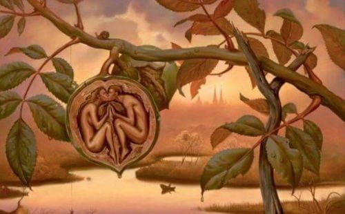 Eine fantastische Malerei zeigt ein sich liebendes Paar in Form einer Walnuss.