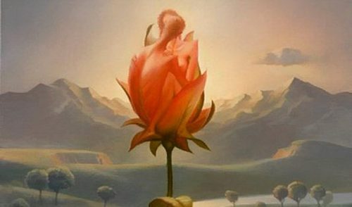 Eine fantastische Malerei zeigt ein sich liebendes Paar in einer Blüte.