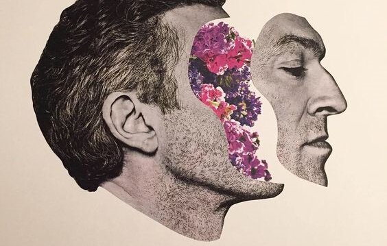 Zeichnung eines Mannes, dessen Gesicht vom Schädel getrennt ist