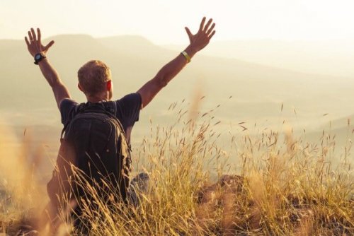 Ein Wanderer auf einem Berg reckt die Arme in Glückspose hoch.