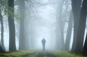 Mann in nebligem Wald