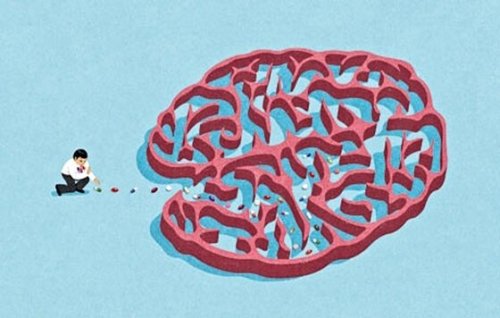 Mann legt Medikamente in ein Gehirnlabyrinth
