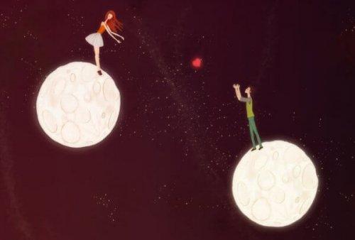 Paar auf verschiedenen Planeten schickt sich Herz zu