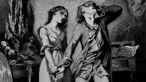 Eine Zeichnung, die ein Paar aus Goethes Stücken darstellt