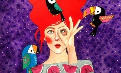 Frau mit Tropenvögeln