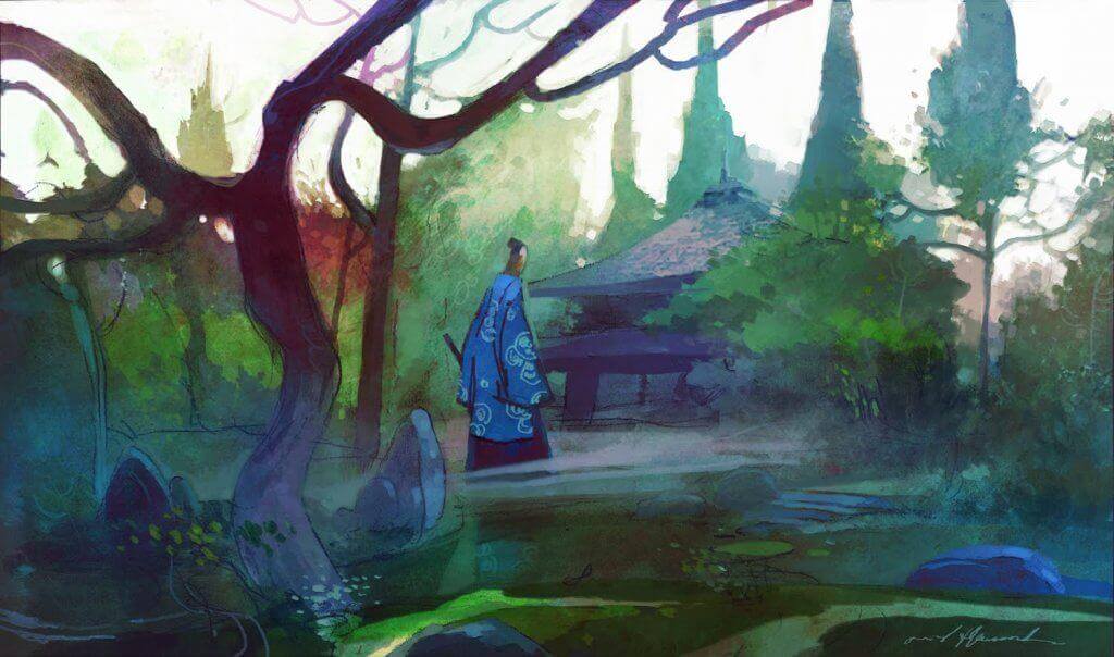 Zen-Meister geht zu seinem Haus im Wald