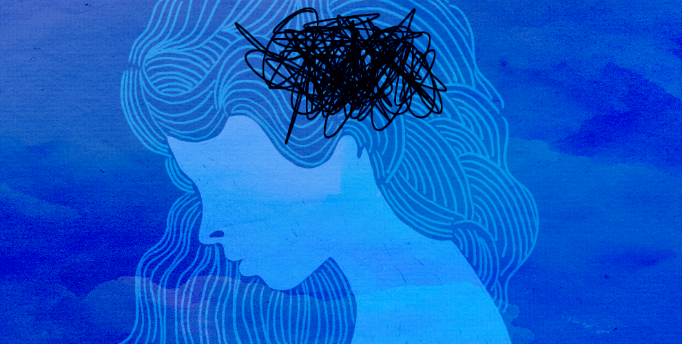 Frau in blau gezeichnet mit schwarzem Knoten im Kopf