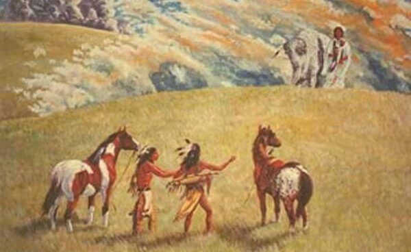 Zwei Lakota sehen die Weißer-Büffel-Frau.