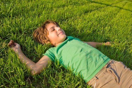 Ein Junge liegt entspannt auf einer Wiese. 