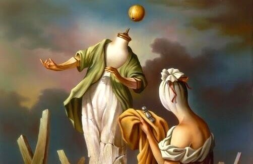 Die Figur einer Frau mit einer Figur ohne Kopf